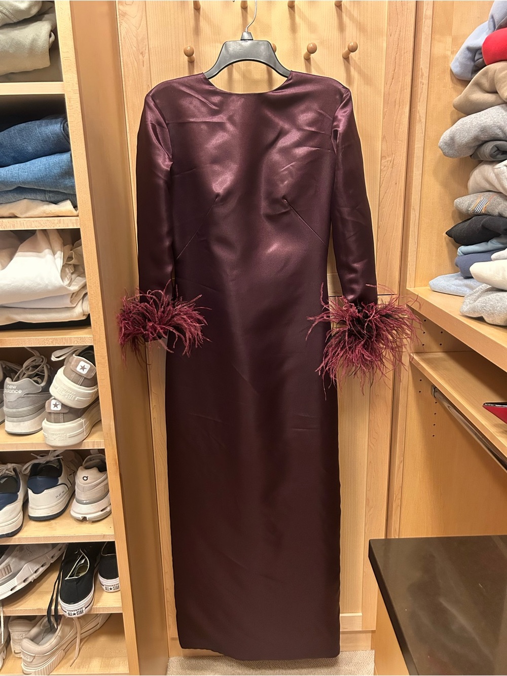 Elegant Plum Satin Long-Sleeve Dress with Feather Cuffs